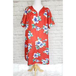 Vintage Red Blue Green Floral Hawaiian MuMu MuuMuu Dress V-neck Short Sleeve Lg